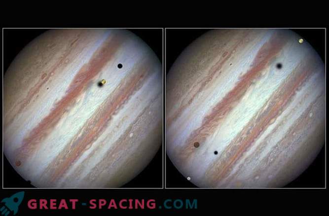 Hubble gjorde en fantastisk bild av transiteringen av tre satelliter av Jupiter