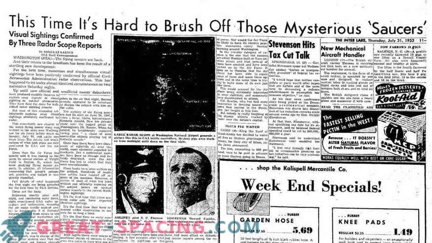 Kā aprakstīts 1952. gadā neidentificētos objektos Vašingtonā. Laikrakstu raksti