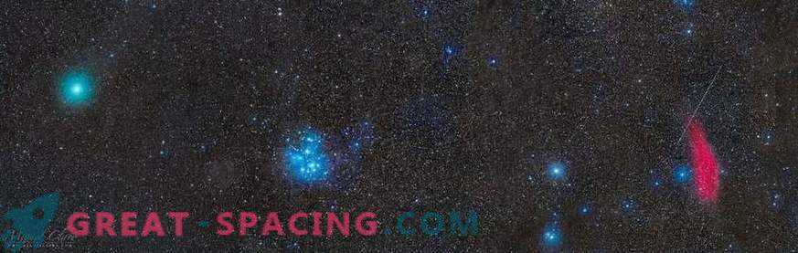 Comet, meteor, nebula och Pleiades i ett episkt foto